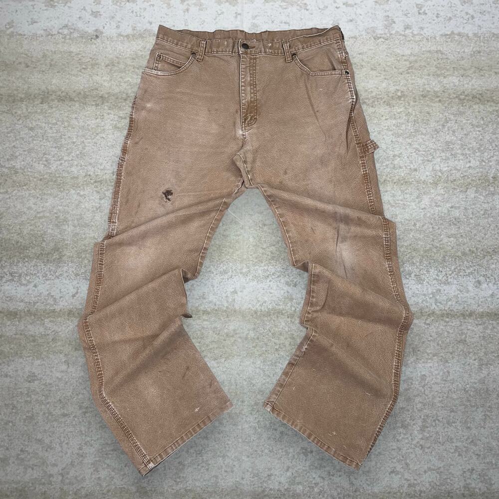 Vintage 90s Dickies Carpenter Pants 36x34 Baggy Camel Tan Canvas Dungarees Work - Picture 2 of 6
